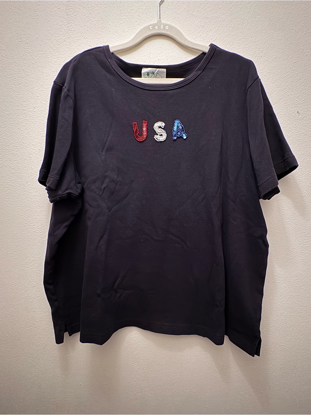 Vintage Quaker Factory - Women's Black Sequin USA Graphic Tee Tunic